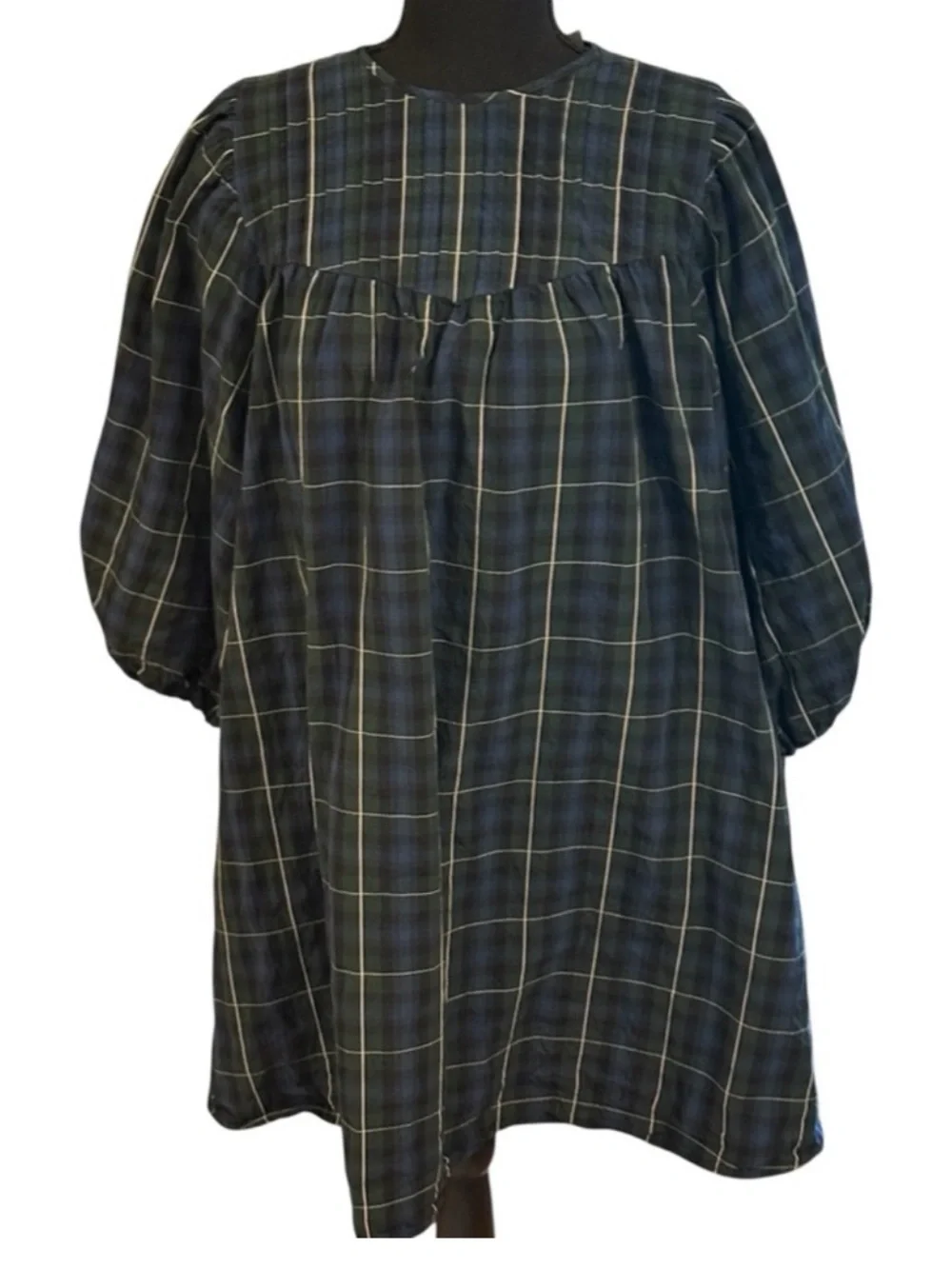 & Other Stories Navy and Green Plaid Puff-Sleeve Dress